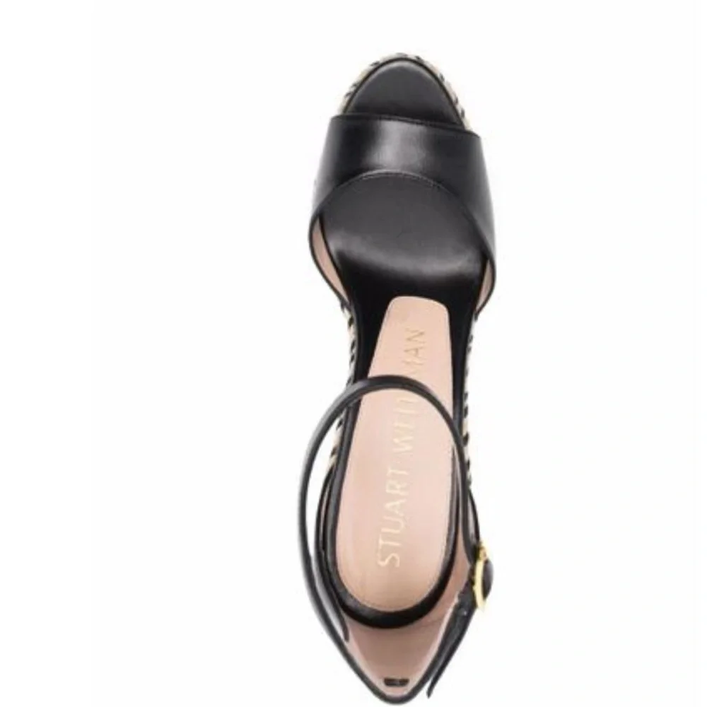 Stuart Weitzman Black Leather Espadrille Wedge Sandals